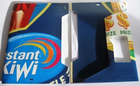 Inside view of the recycled Adshel poster compendium from a NZ Lotteries Instant Kiwi campaign